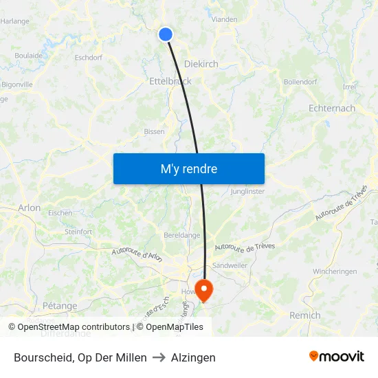 Bourscheid, Op Der Millen to Alzingen map