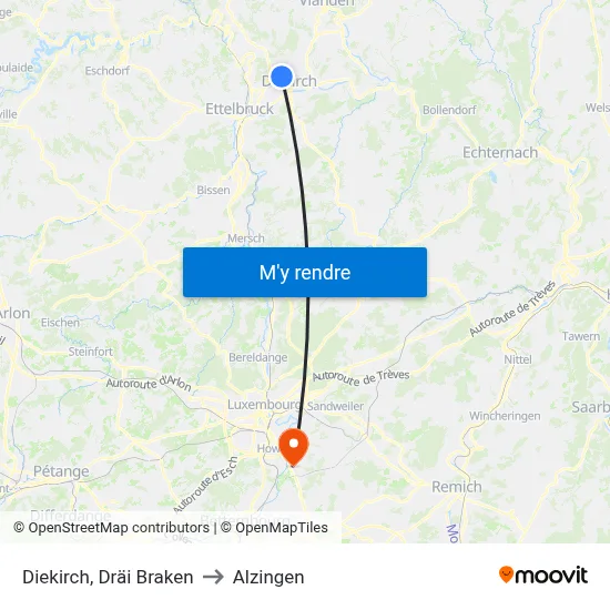 Diekirch, Dräi Braken to Alzingen map