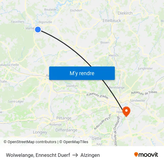 Wolwelange, Ennescht Duerf to Alzingen map