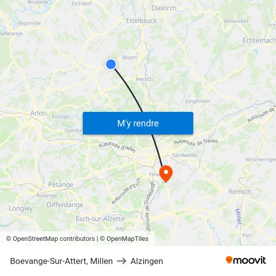 Boevange-Sur-Attert, Millen to Alzingen map