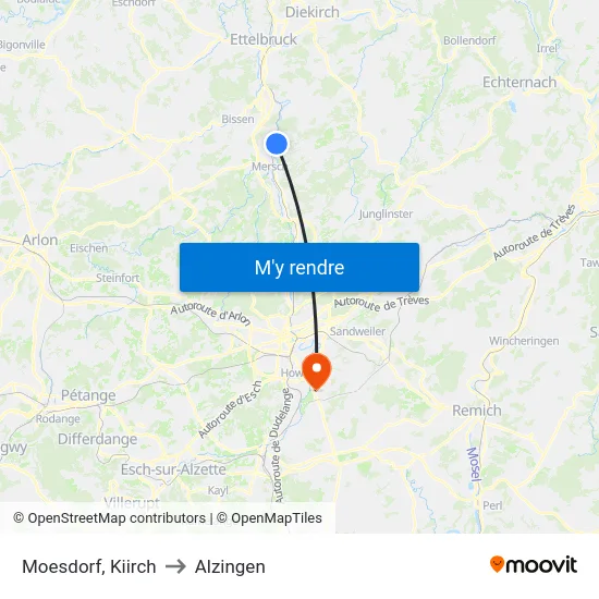 Moesdorf, Kiirch to Alzingen map