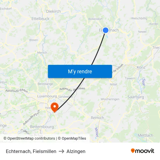 Echternach, Fielsmillen to Alzingen map