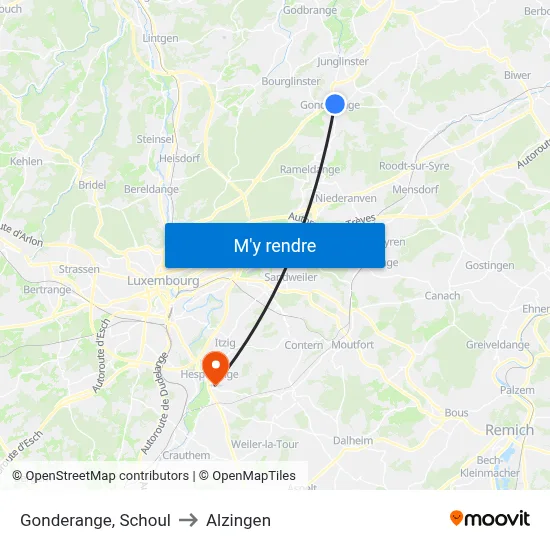 Gonderange, Schoul to Alzingen map