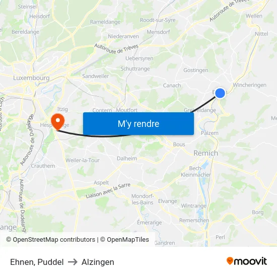 Ehnen, Puddel to Alzingen map