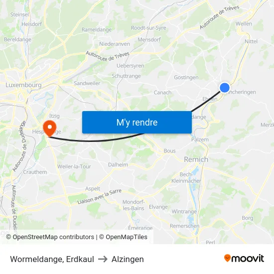 Wormeldange, Erdkaul to Alzingen map