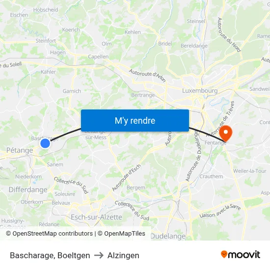 Bascharage, Boeltgen to Alzingen map