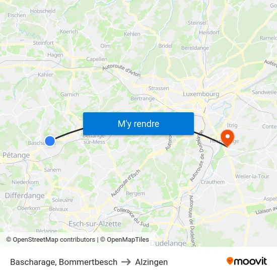 Bascharage, Bommertbesch to Alzingen map