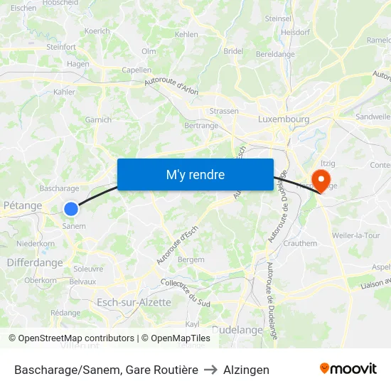 Bascharage/Sanem, Gare Routière to Alzingen map