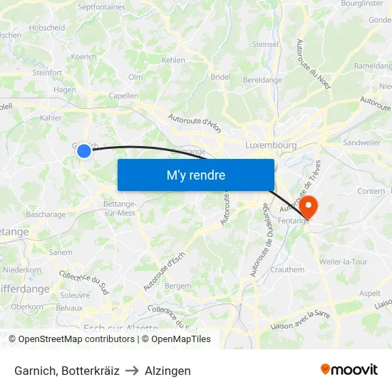Garnich, Botterkräiz to Alzingen map