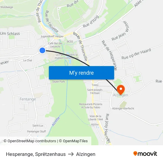 Hesperange, Sprëtzenhaus to Alzingen map