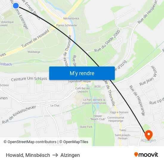 Howald, Minsbësch to Alzingen map