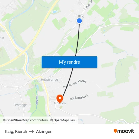 Itzig, Kierch to Alzingen map