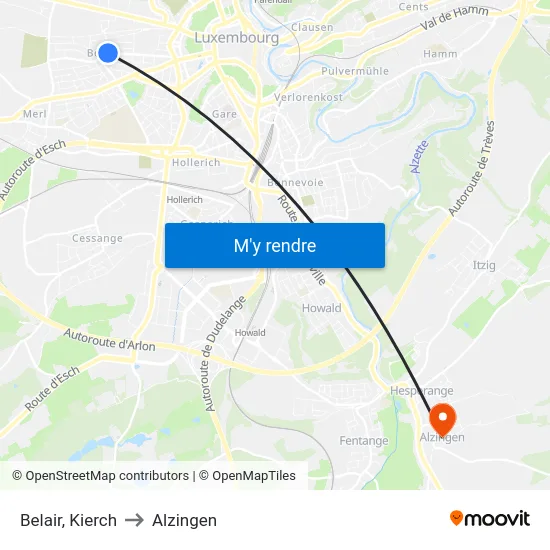 Belair, Kierch to Alzingen map