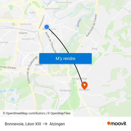 Bonnevoie, Léon XIII to Alzingen map