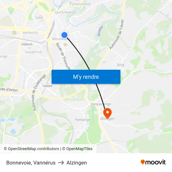 Bonnevoie, Vannérus to Alzingen map