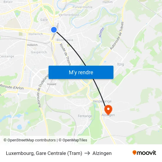 Luxembourg, Gare Centrale (Tram) to Alzingen map