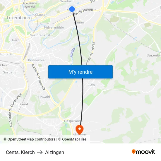 Cents, Kierch to Alzingen map