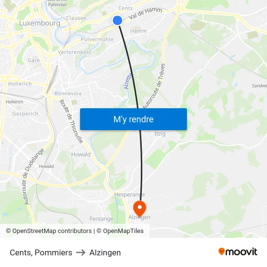 Cents, Pommiers to Alzingen map