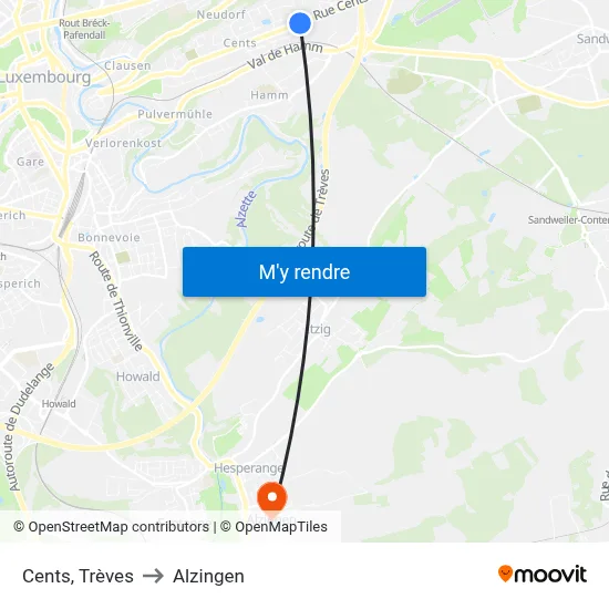 Cents, Trèves to Alzingen map