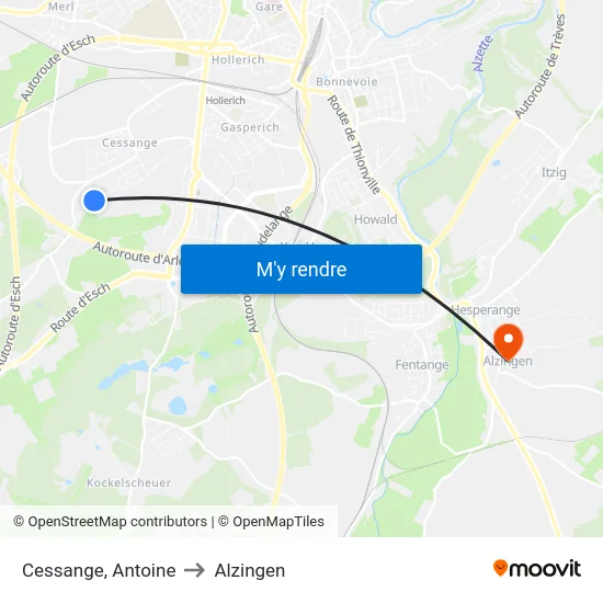 Cessange, Antoine to Alzingen map