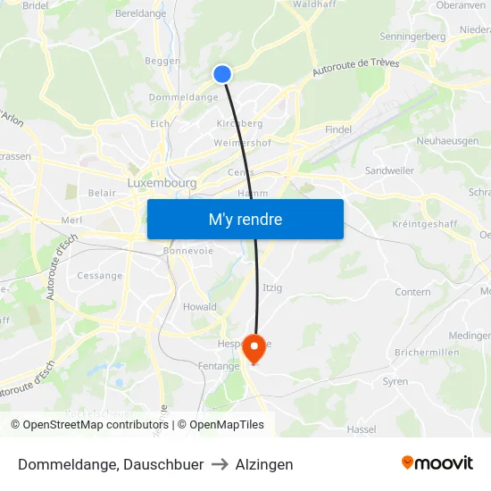 Dommeldange, Dauschbuer to Alzingen map