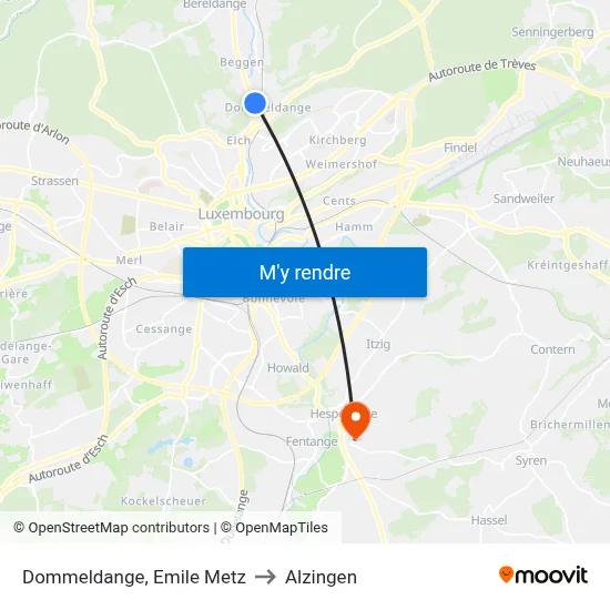 Dommeldange, Emile Metz to Alzingen map