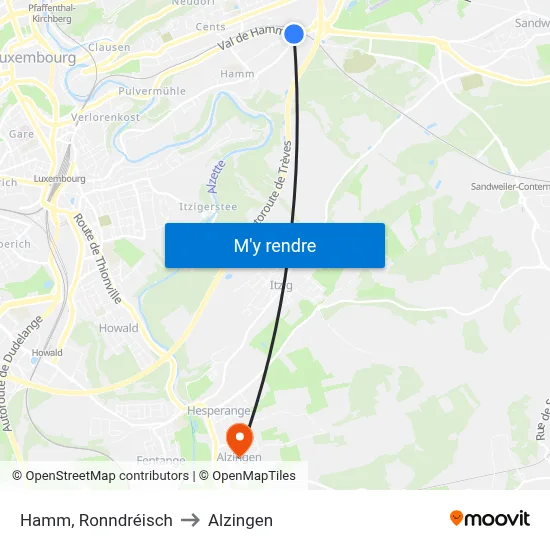 Hamm, Ronndréisch to Alzingen map