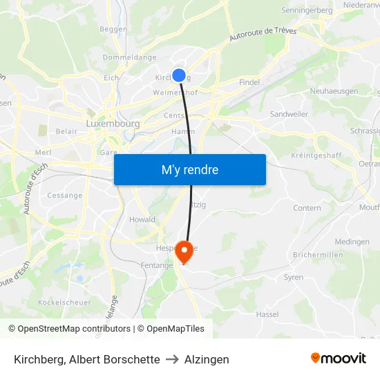 Kirchberg, Albert Borschette to Alzingen map