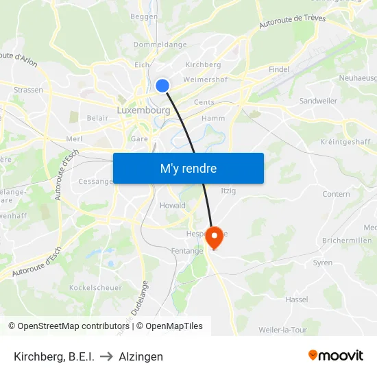 Kirchberg, B.E.I. to Alzingen map