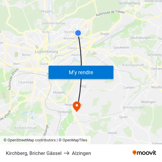 Kirchberg, Bricher Gässel to Alzingen map