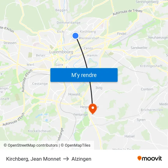 Kirchberg, Jean Monnet to Alzingen map