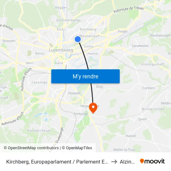 Kirchberg, Europaparlament / Parlement Européen to Alzingen map