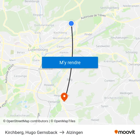 Kirchberg, Hugo Gernsback to Alzingen map