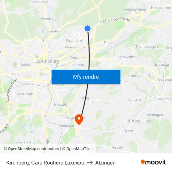 Kirchberg, Gare Routière Luxexpo to Alzingen map
