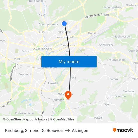 Kirchberg, Simone De Beauvoir to Alzingen map