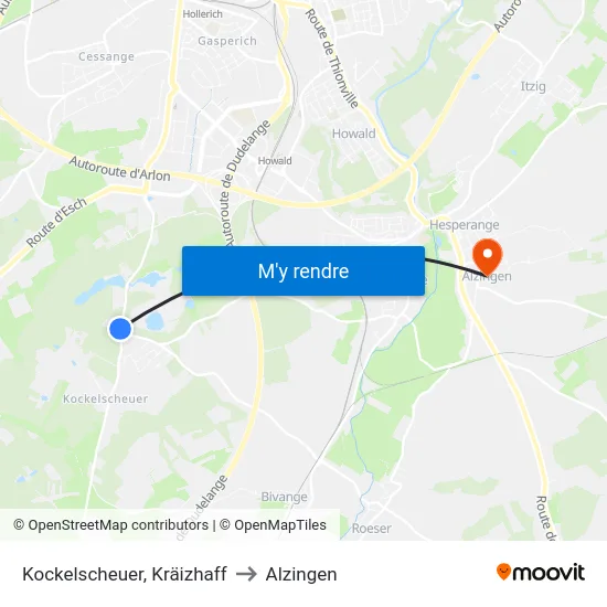 Kockelscheuer, Kräizhaff to Alzingen map