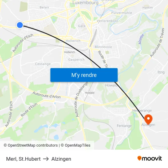 Merl, St.Hubert to Alzingen map