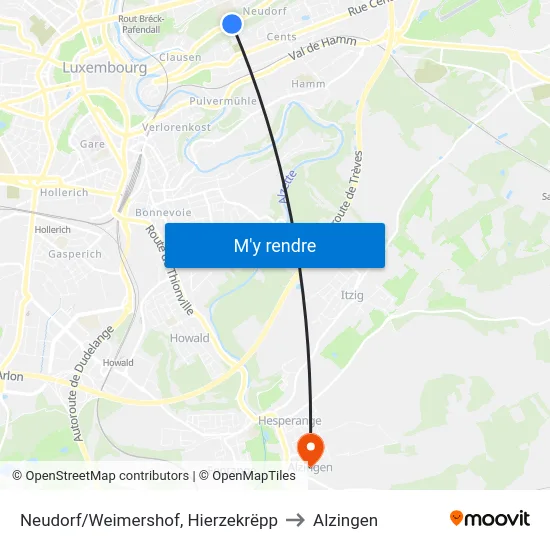 Neudorf/Weimershof, Hierzekrëpp to Alzingen map