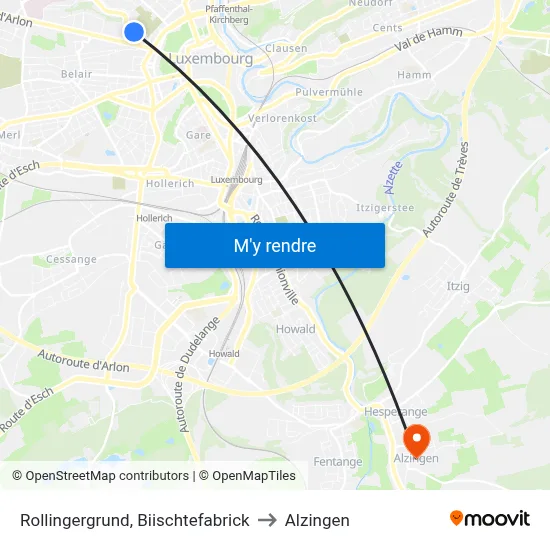 Rollingergrund, Biischtefabrick to Alzingen map