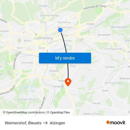 Weimershof, Bleuets to Alzingen map