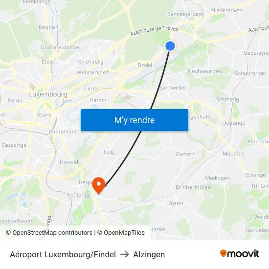 Aéroport Luxembourg/Findel to Alzingen map