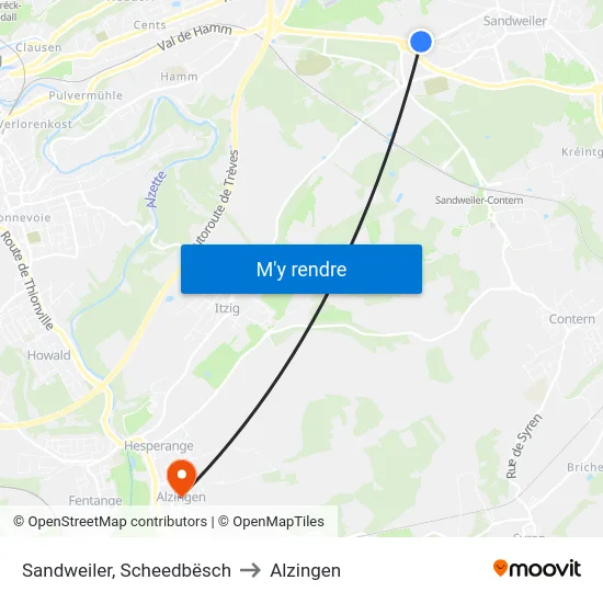 Sandweiler, Scheedbësch to Alzingen map