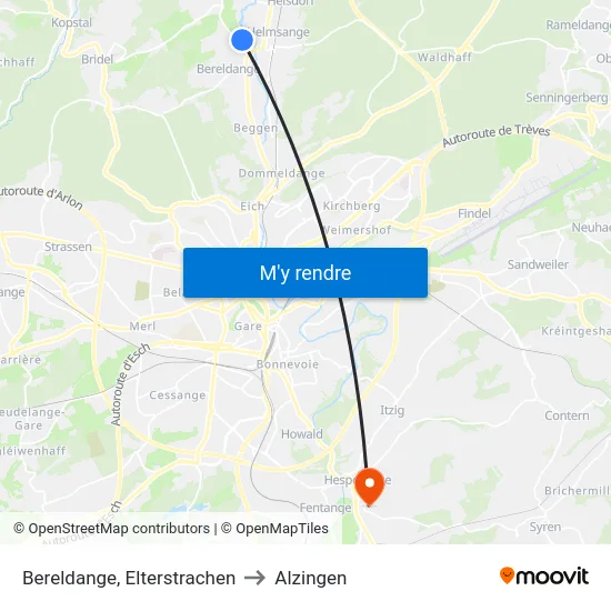 Bereldange, Elterstrachen to Alzingen map