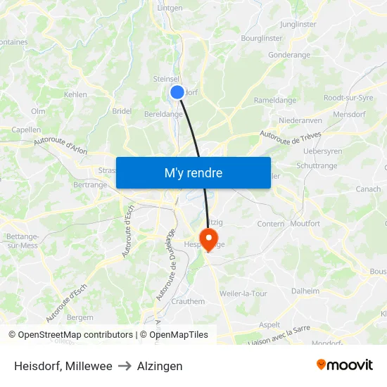 Heisdorf, Millewee to Alzingen map