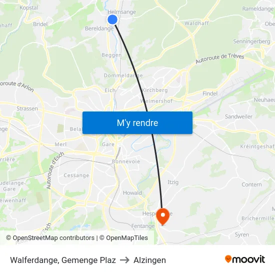 Walferdange, Gemenge Plaz to Alzingen map