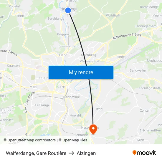 Walferdange, Gare Routière to Alzingen map