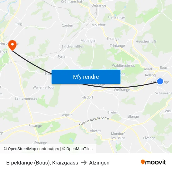 Erpeldange (Bous), Kräizgaass to Alzingen map