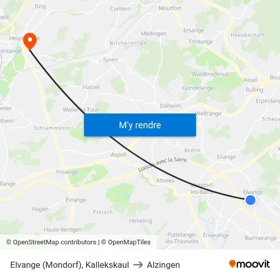 Elvange (Mondorf), Kallekskaul to Alzingen map