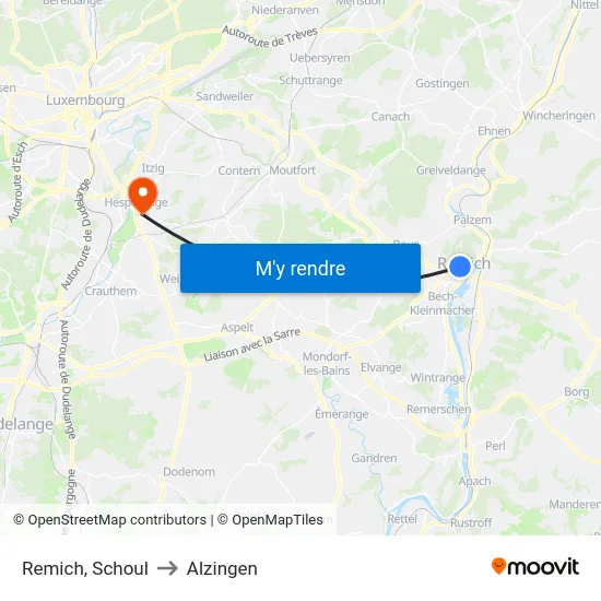 Remich, Schoul to Alzingen map