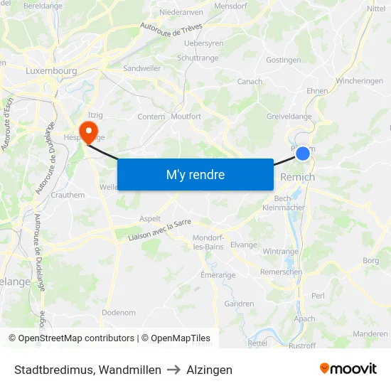 Stadtbredimus, Wandmillen to Alzingen map
